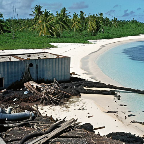 Home 4 **
A desolate island scene in the Marshall Islands, illustrating the dual threats of nuclear legacy and rising sea levels. In the foreground, a dilapidated, cracked structure labeled "DOM" (nuclear waste storage) sits partially submerged in encroaching ocean water. Deformed vegetation struggles to grow amidst contaminated soil. In the background, a faded photograph depicts smiling islanders from the 1950s, juxtaposed with the stark reality of the present day. The overall tone is melancholic and cautionary, highlighting the environmental and cultural devastation.
**