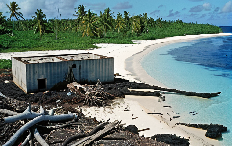 **
A desolate island scene in the Marshall Islands, illustrating the dual threats of nuclear legacy and rising sea levels. In the foreground, a dilapidated, cracked structure labeled "DOM" (nuclear waste storage) sits partially submerged in encroaching ocean water. Deformed vegetation struggles to grow amidst contaminated soil. In the background, a faded photograph depicts smiling islanders from the 1950s, juxtaposed with the stark reality of the present day. The overall tone is melancholic and cautionary, highlighting the environmental and cultural devastation.
**