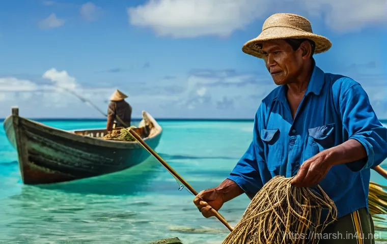 마셜 제도에서의 수산업과 지속 가능성 - Image Prompt 1: Traditional Marshallese Fishermen**