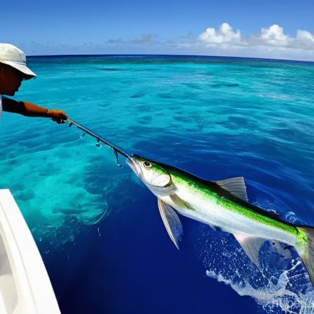 마셜 제도에서의 낚시 라이선스 및 규정 - A thrilling deep-sea fishing scene in the Marshall Islands. A person, appearing mid-20s to 40s, is i...