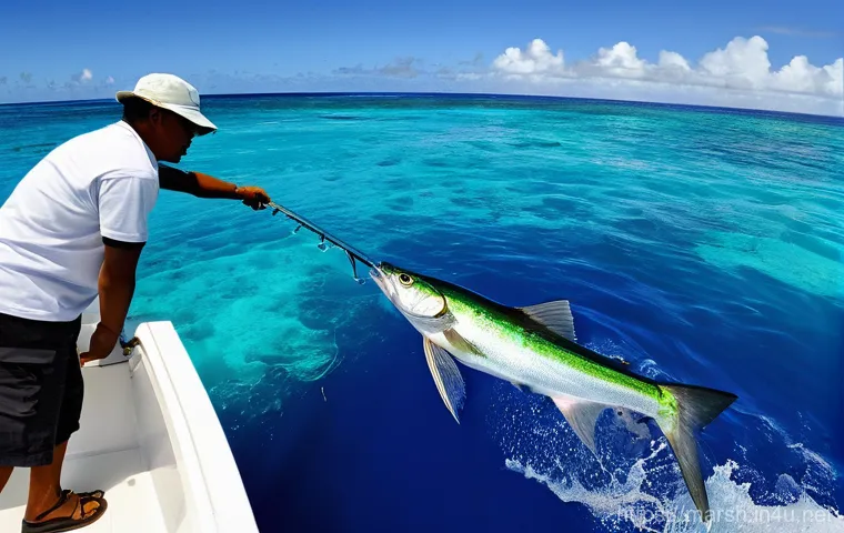 마셜 제도에서의 낚시 라이선스 및 규정 - A thrilling deep-sea fishing scene in the Marshall Islands. A person, appearing mid-20s to 40s, is i...