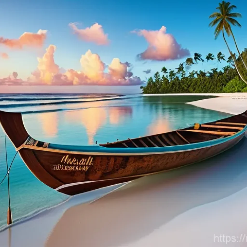 마셜 제도에서의 선박 여행 루트 - **Prompt:** A serene, untouched beach in the Marshall Islands at dawn. The scene features powdery wh...
