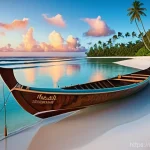 마셜 제도에서의 선박 여행 루트 - **Prompt:** A serene, untouched beach in the Marshall Islands at dawn. The scene features powdery wh...