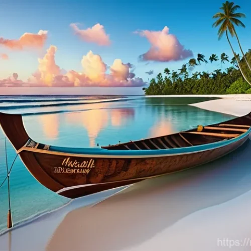 마셜 제도에서의 선박 여행 루트 - **Prompt:** A serene, untouched beach in the Marshall Islands at dawn. The scene features powdery wh...