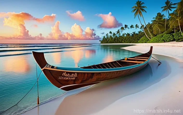 마셜 제도에서의 선박 여행 루트 - **Prompt:** A serene, untouched beach in the Marshall Islands at dawn. The scene features powdery wh...